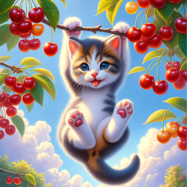 Cat on tree, cherries - Paint by Numbers