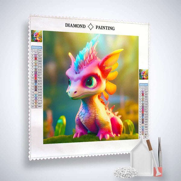 Diamond Painting Kit featuring Little Dragon in Sunshine design with professional canvas, acrylic diamonds, tweezers, and pen.