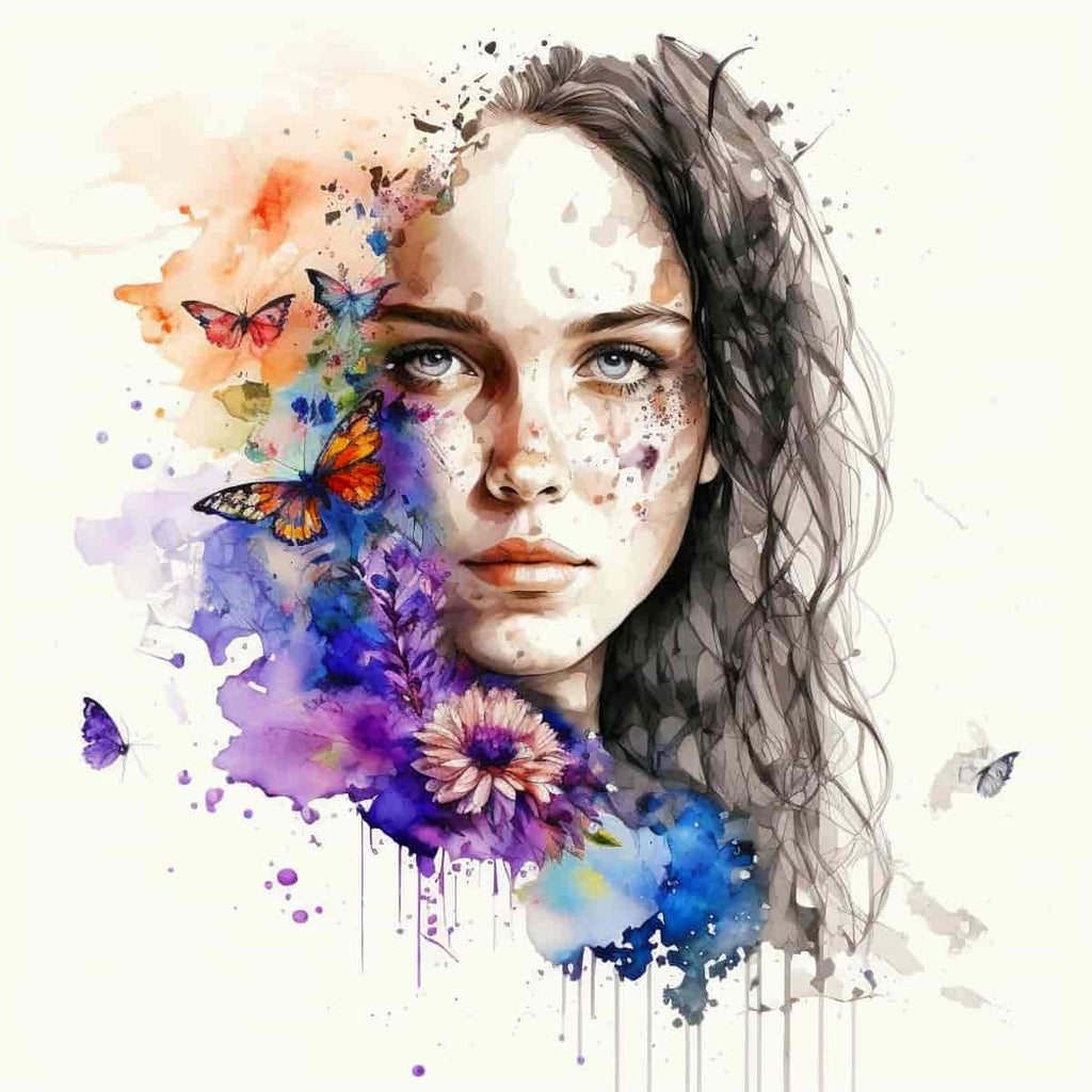 Diamond painting kit of a gentle woman with butterflies and flowers, paint by numbers style art that sparkles