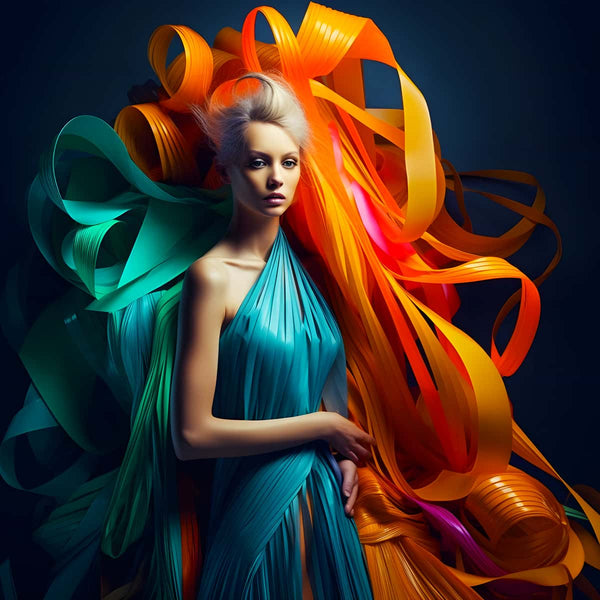Woman in colorful flowing ribbon dress, featuring vibrant teal and orange hues, artistic fashion photography.
