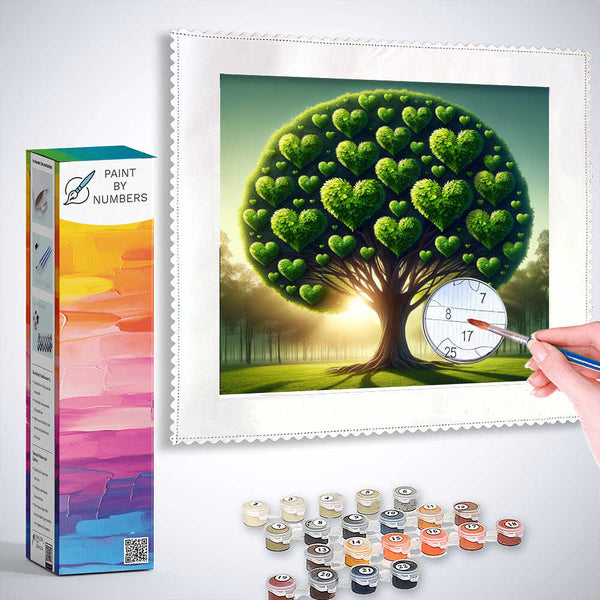 Paint by Numbers kit with Heart Tree design featuring heart-shaped leaves in lush greens under the morning sun.