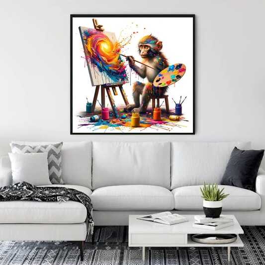 Paint by Numbers - Colorful Fantasy artwork featuring a playful monkey painting with bright colors in an expressionist style.