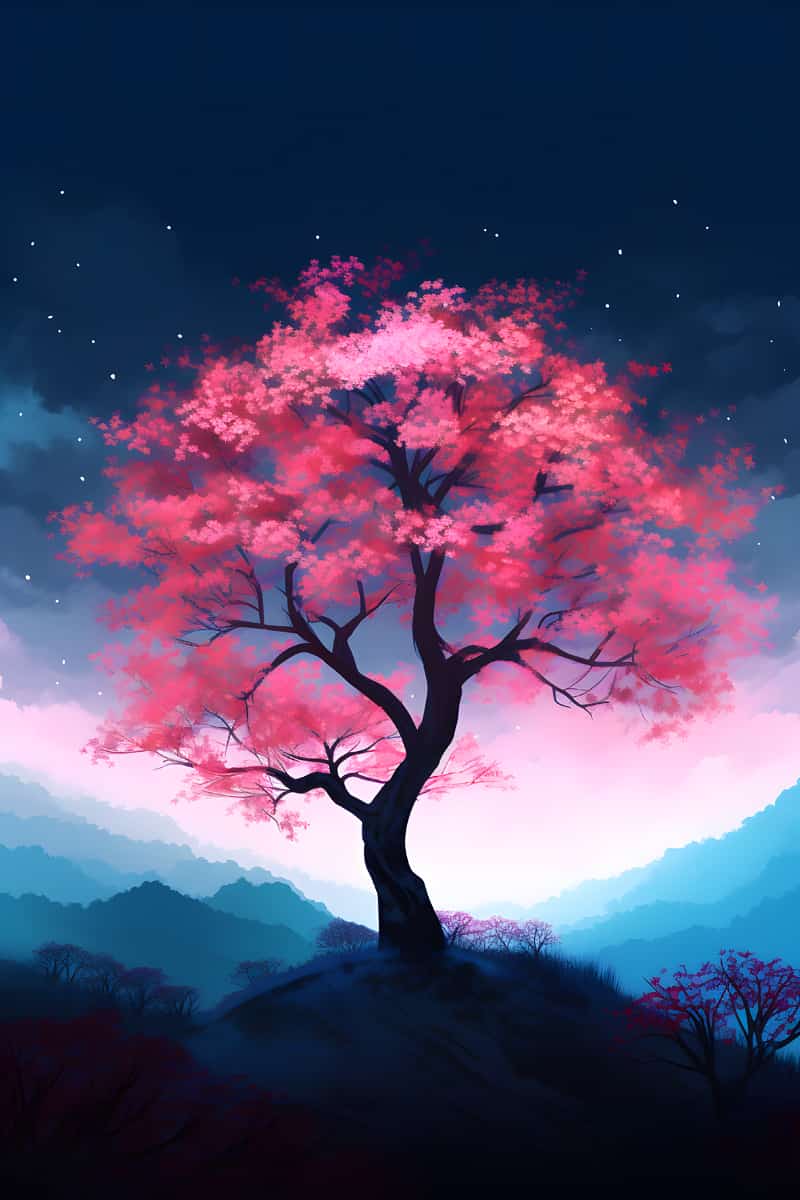 Diamond Painting - Japanese tree with pink blossoms against a twilight sky, perfect for paint by numbers enthusiasts.