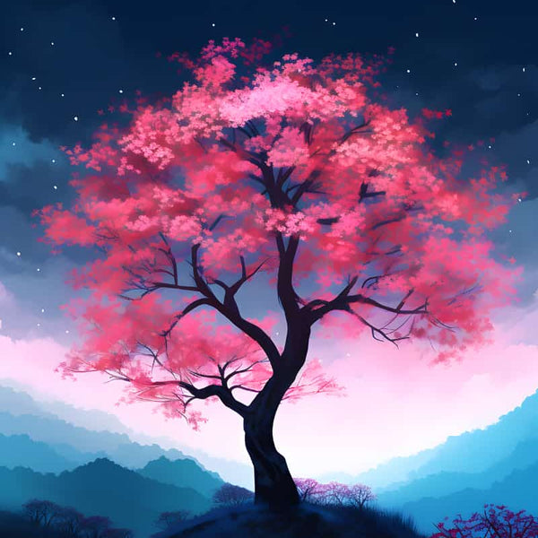Diamond Painting - Japanese tree with pink blossoms against a twilight sky, perfect for paint by numbers enthusiasts.