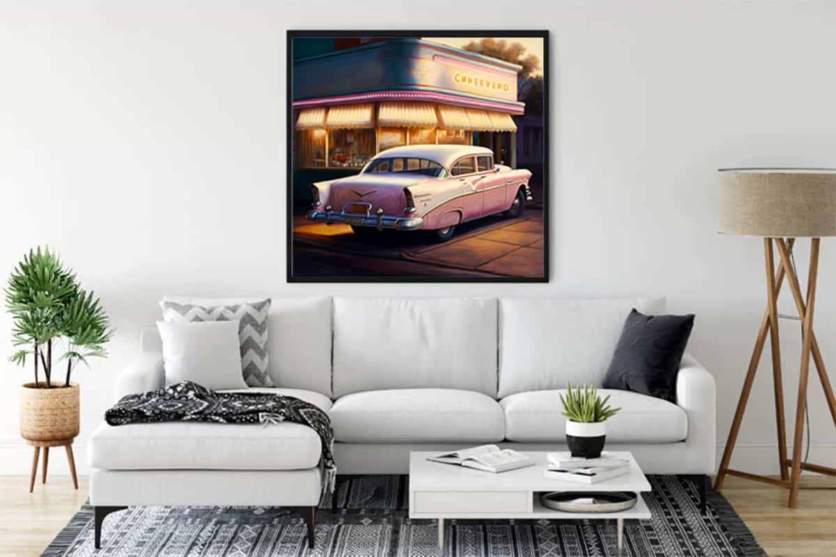 Diamond Painting - Gas station romance of the 50s wall art in modern living room with white sofa and coffee table. Paint by Numbers.