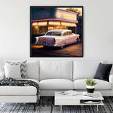 Diamond Painting - Gas station romance of the 50s wall art in modern living room with white sofa and coffee table. Paint by Numbers.