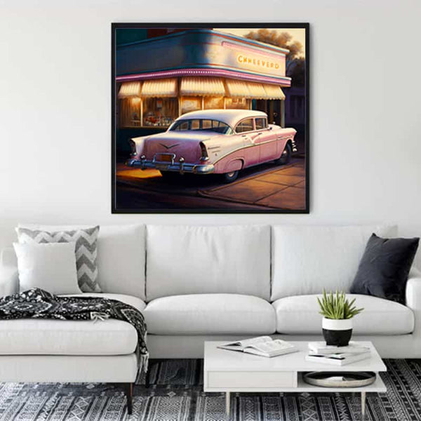 Diamond Painting - Gas station romance of the 50s wall art in modern living room with white sofa and coffee table. Paint by Numbers.