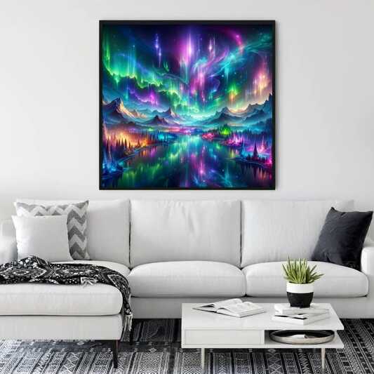 Paint by Numbers - Cosmic Miracle mural featuring vibrant northern lights over a crystal clear mountain lake in a modern living room setting