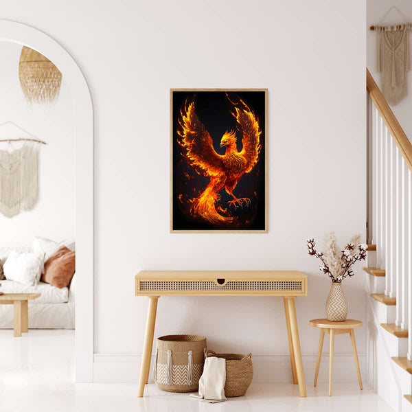 Diamond Painting Fire Phoenix framed on a wall in a modern living room. Paint by Numbers kit included for creating sparkling art.