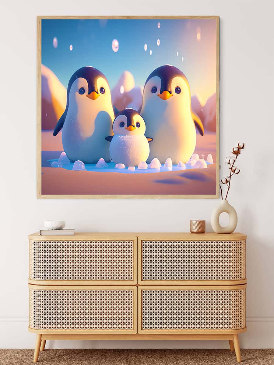Diamond Painting - Penguin Family. Paint by Numbers kit featuring a penguin family on professional canvas with acrylic diamonds.
