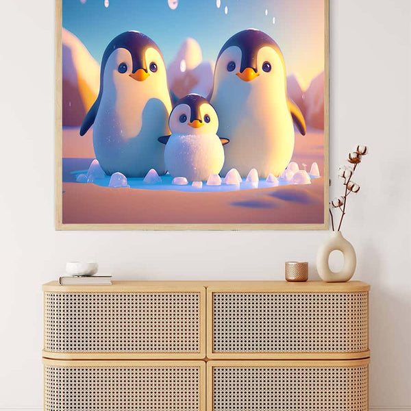 Diamond Painting - Penguin Family. Paint by Numbers kit featuring a penguin family on professional canvas with acrylic diamonds.