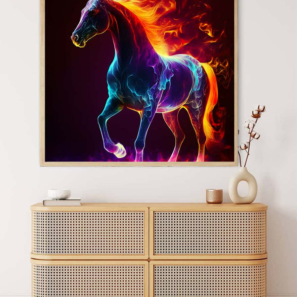 Diamond painting of a vibrant, fiery horse in a stylish frame above a modern cabinet, Paint by Numbers kit.