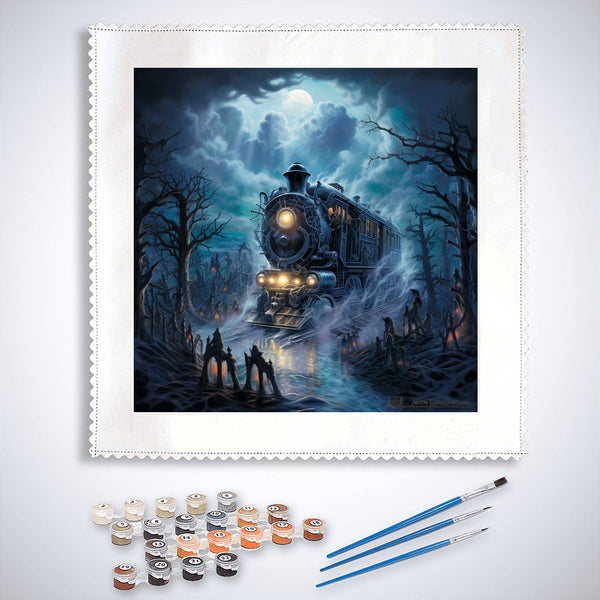 Paint by Numbers kit featuring a ghost train breaking through a foggy, spooky landscape at night. Includes paints and brushes.