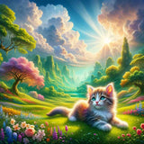 Paint by Numbers - Colorful Cat & Flowers in Serene Fantasy Landscape