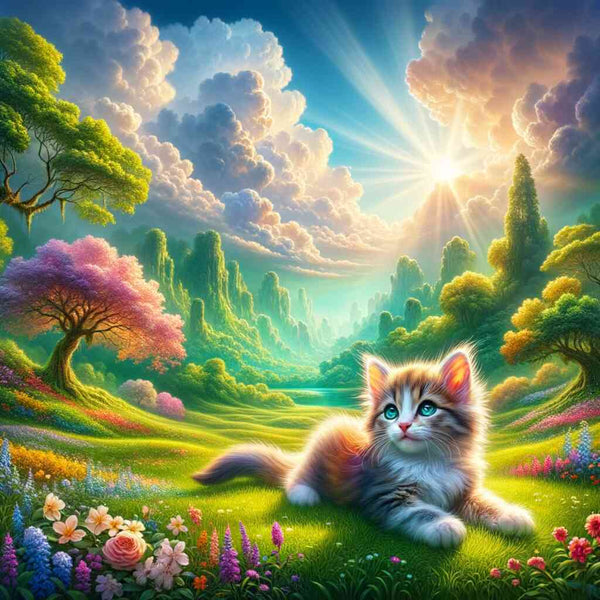 Paint by Numbers - Colorful Cat & Flowers in Serene Fantasy Landscape