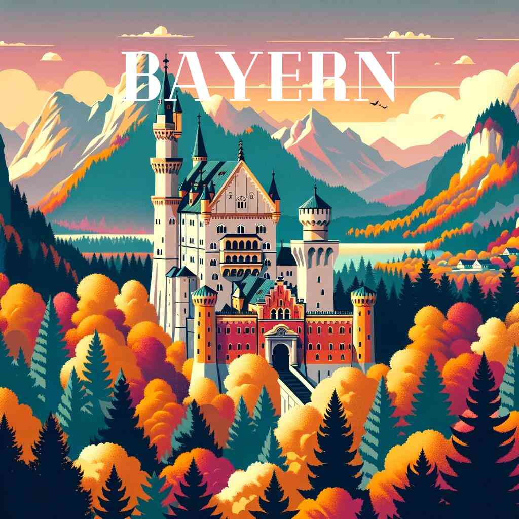 Paint by Numbers - Bavarian Dreams featuring Neuschwanstein Castle in autumn, surrounded by Alps and colorful forest, text "Bayern" above