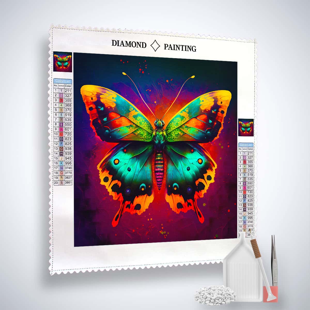 Diamond Painting Kit featuring a vibrant red and green butterfly design on professional canvas with included paint by numbers tools