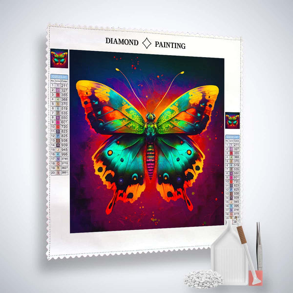 Diamond Painting Kit featuring a vibrant red and green butterfly design on professional canvas with included paint by numbers tools