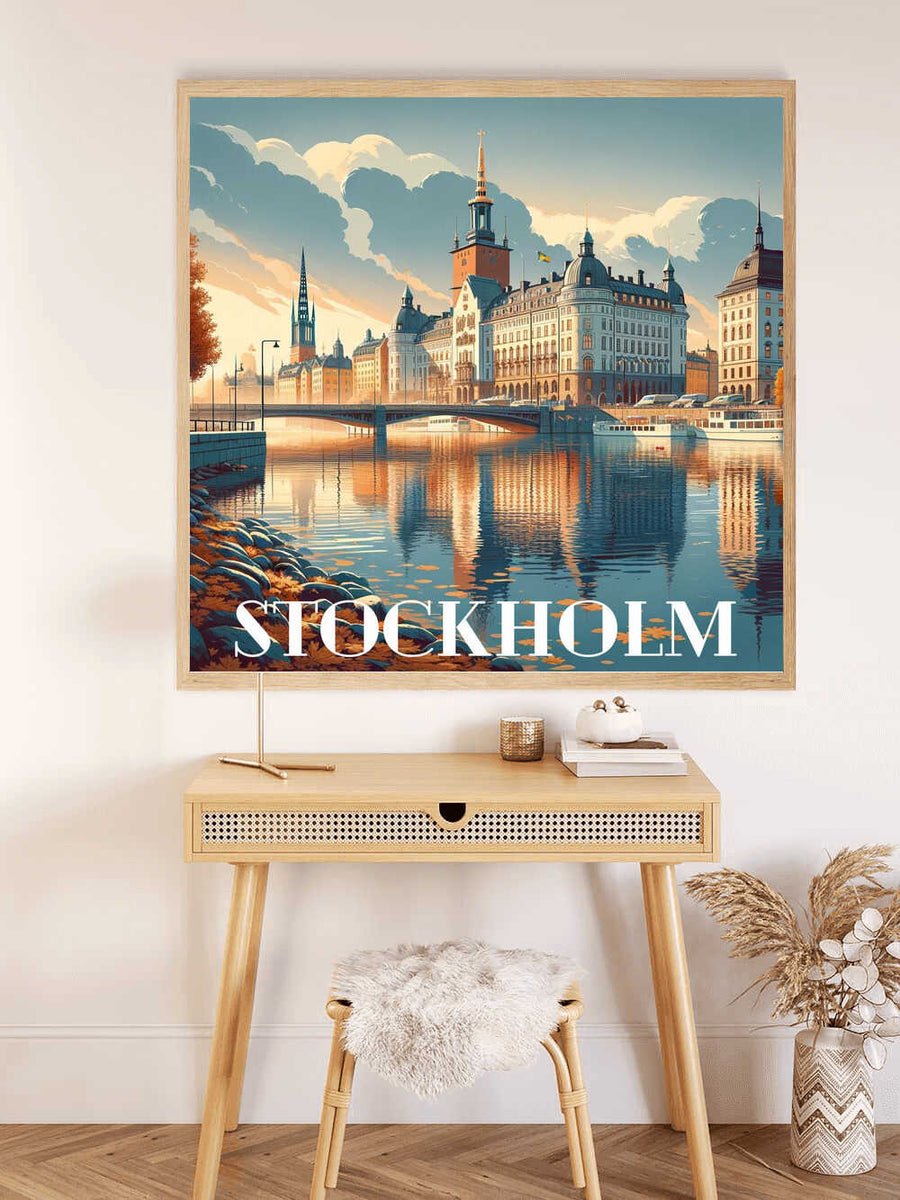 Paint by Numbers - Autumn splendor over Stockholm displayed on wall with rustic decor