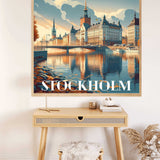 Paint by Numbers - Autumn splendor over Stockholm displayed on wall with rustic decor