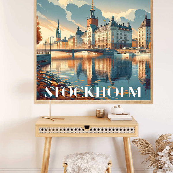 Paint by Numbers - Autumn splendor over Stockholm displayed on wall with rustic decor