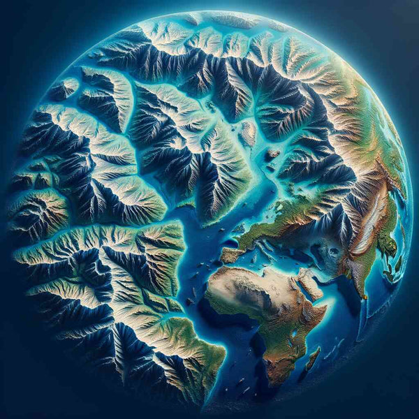 Paint by Numbers - Sublime Earth, depicting a vibrant artistic representation of Earth's mountains and valleys with radiant turquoise and modern style.