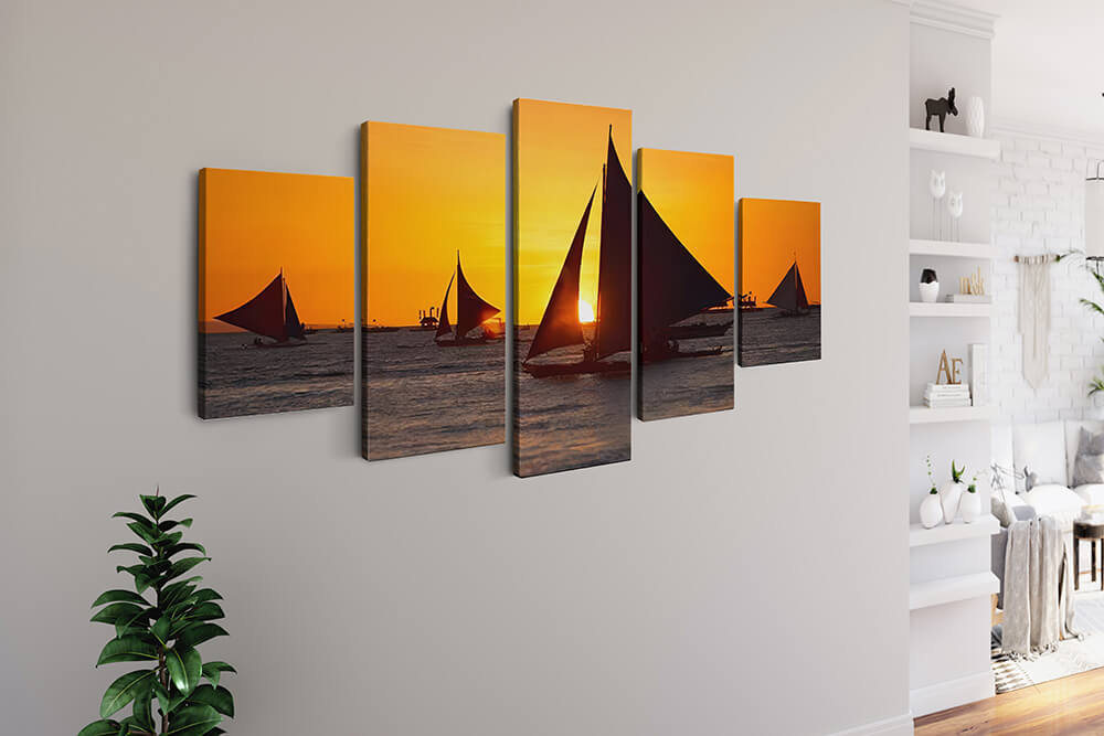 Malen nach Zahlen 5 teilig - Segelschiffe im Sonnenuntergang, Ozean - hochwertige Leinwand - multi5, neue_bilder