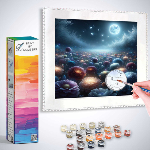 Paint by Numbers kit featuring Moonlit Night in the Enchanted Forest with paint pots and painting in progress.