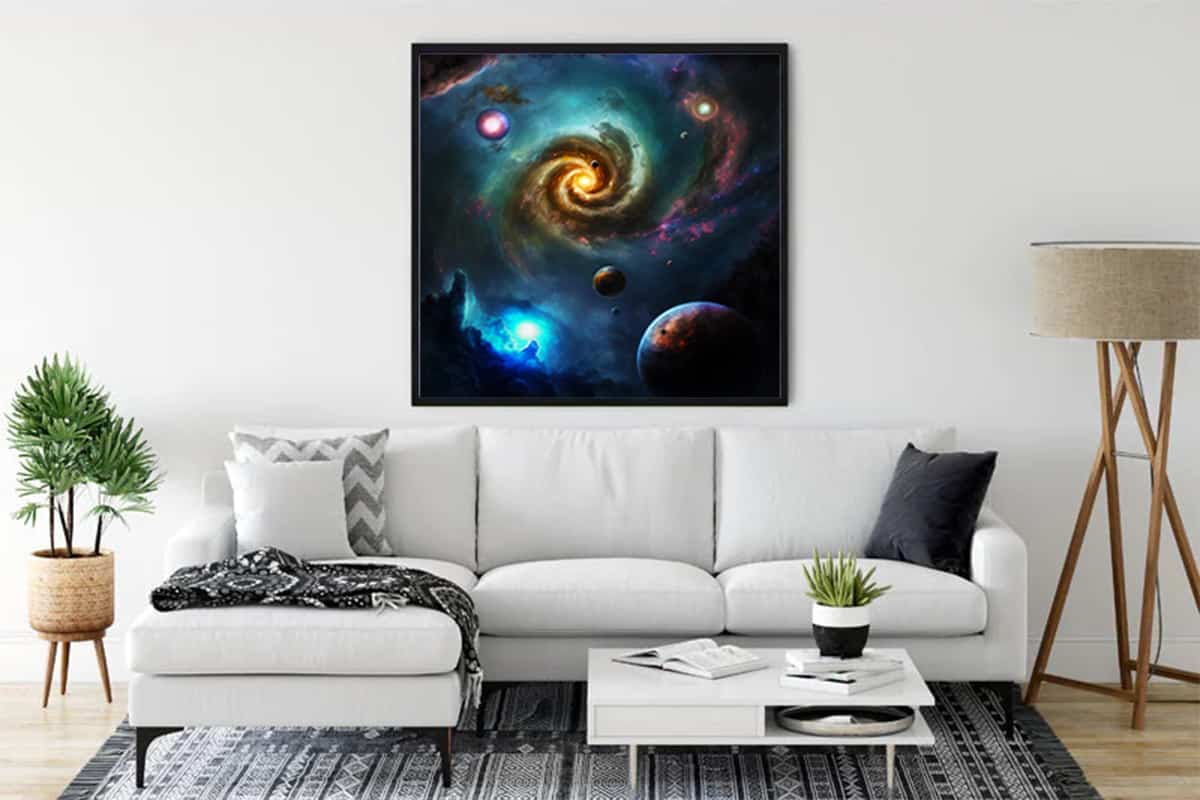 Diamond Painting Kit - Constellation Magic displayed in modern living room with celestial artwork above white sofa.