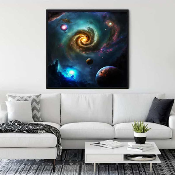 Diamond Painting Kit - Constellation Magic displayed in modern living room with celestial artwork above white sofa.