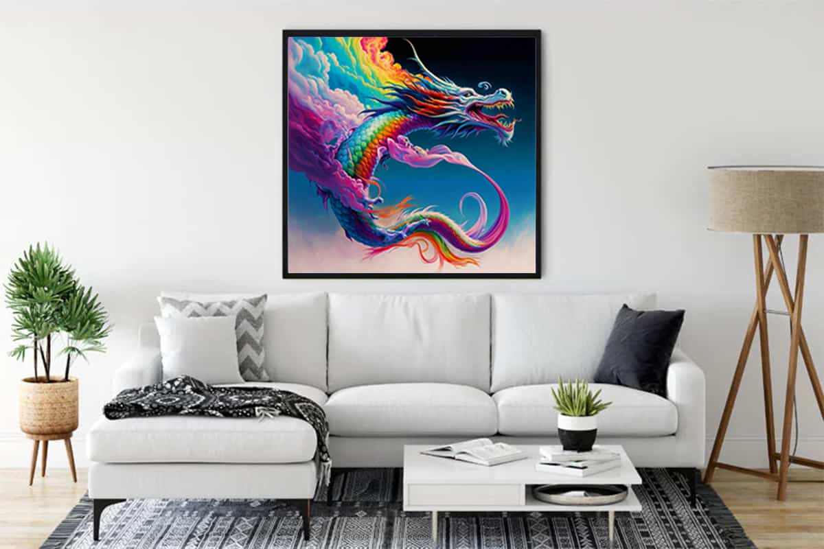 Diamond Painting - Dragon Breath decorates a modern living room, showcasing vibrant dragon artwork. Paint by Numbers DIY art kit.