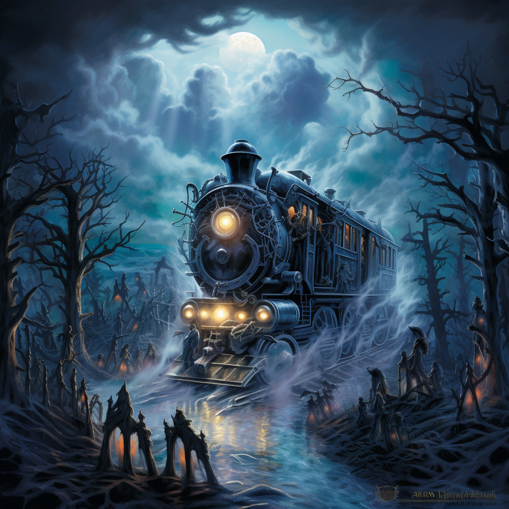 Paint by Numbers - Ghost train breaking through eerie forest at night under a full moon.