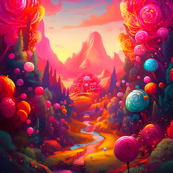 Colorful lollipop landscape from AB Diamond Painting's Lollipop World, ideal for Paint by Numbers kits and diamond painting enthusiasts.