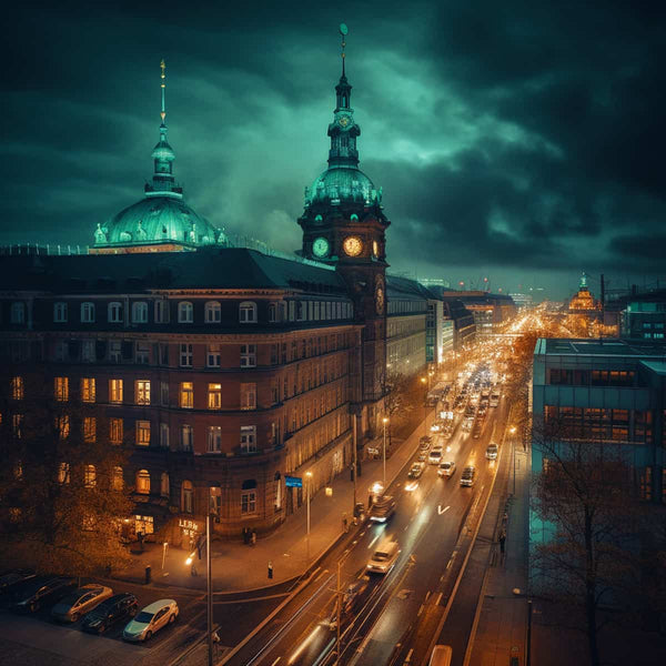Night view of Hamburg cityscape with illuminated streets and historic architecture, ideal for Paint by Numbers diamond painting kits