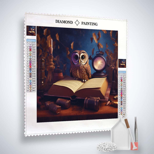 Diamond Painting Kit - Owl with Book and Clock Canvas - Paint by Numbers - Includes Acrylic Diamonds and Tools