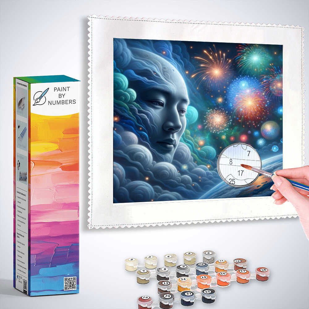 Paint by Numbers - Cosmic Euphoria kit featuring a celestial face, fireworks, and paint supplies.