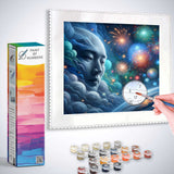 Paint by Numbers - Cosmic Euphoria kit featuring a celestial face, fireworks, and paint supplies.