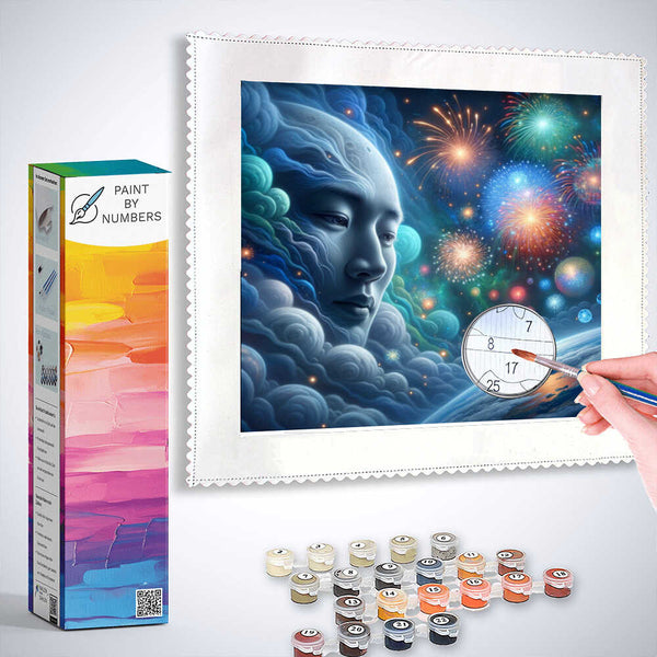 Paint by Numbers - Cosmic Euphoria kit featuring a celestial face, fireworks, and paint supplies.