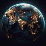 Paint by Numbers - Enlightened Planet artwork of Earth at night with golden points of light illuminating continents, showcasing civilization's paths.