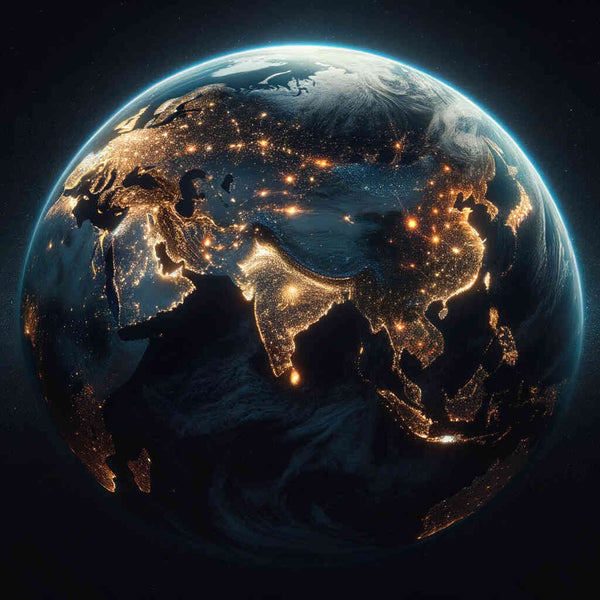 Paint by Numbers - Enlightened Planet artwork of Earth at night with golden points of light illuminating continents, showcasing civilization's paths.