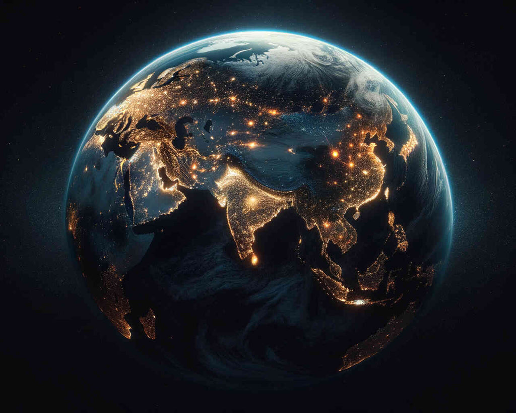 Paint by Numbers - Enlightened Planet artwork of Earth at night with golden points of light illuminating continents, showcasing civilization's paths.