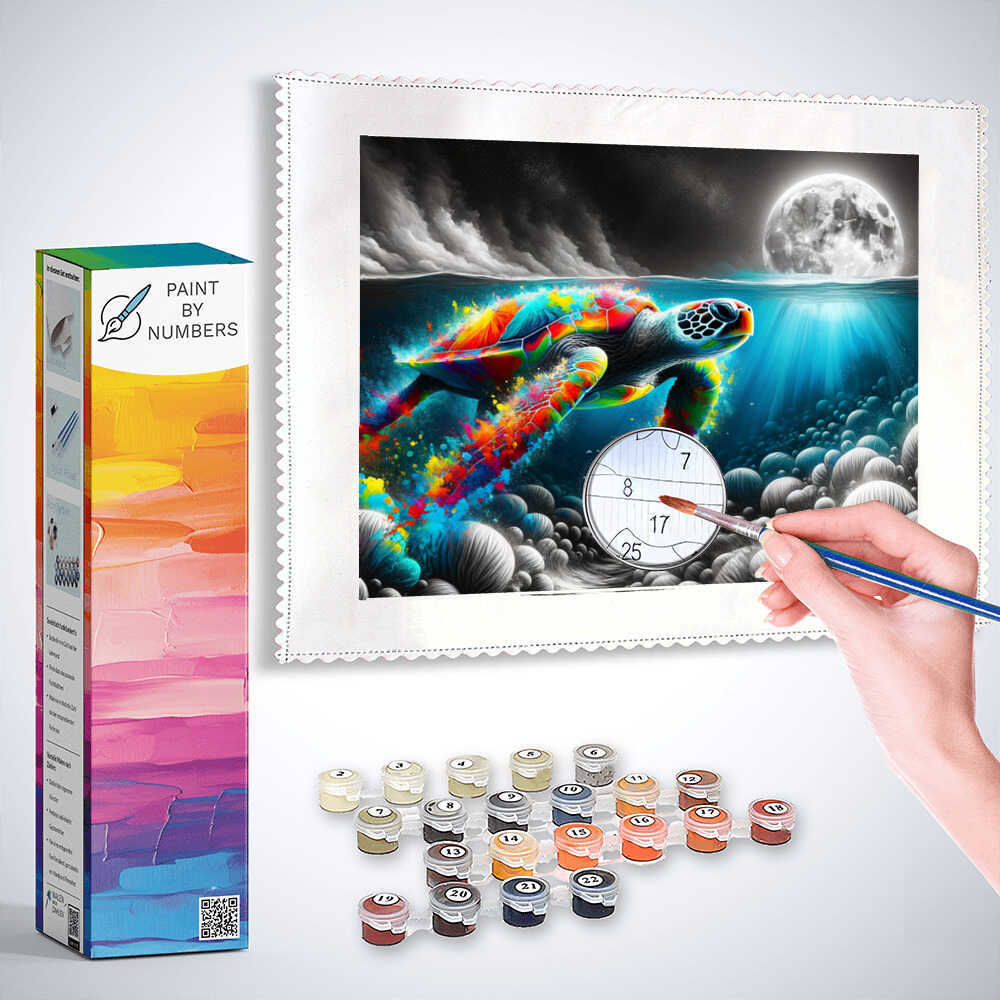 Paint by Numbers - Black and white, colorful turtle