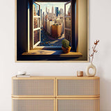 Diamond Painting Kit of a city view through an open window above a cabinet, perfect for Paint by Numbers art enthusiasts.