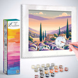 Paint by Numbers kit depicting a Lavender Dream in Provence with lavender fields and cypress trees in soft violet and warm orange tones