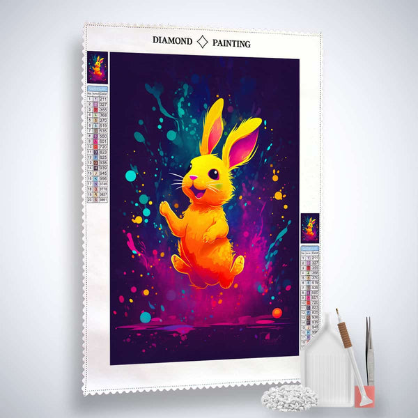 Diamond Painting Kit with Laughing Bunny on Canvas, Acrylic Diamonds, Tweezers, and Application Pen. Paint by Numbers Art.