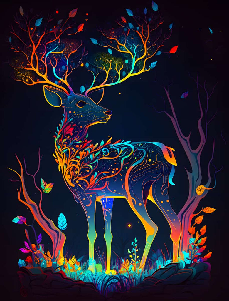 Glowing deer diamond painting kit with vibrant colors and intricate design, part of AB Diamond Painting's paint by numbers collection