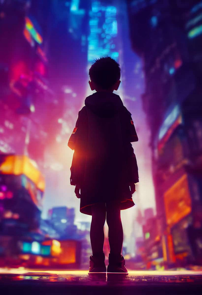 Boy looks at vibrant cityscape for Diamond Painting Paint by Numbers kit.