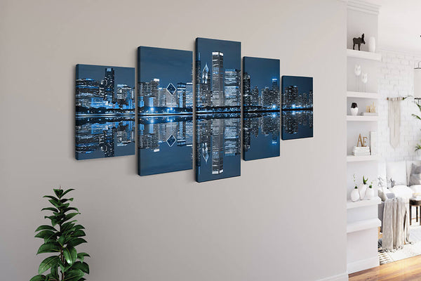 Malen nach Zahlen 5 teilig - Blau beleuchtete Skyline - hochwertige Leinwand - multi5, neue_bilder
