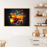 Framed AB Diamond Painting of colorful fruit explosion hanging in a modern kitchen, showcasing vibrant paint by numbers art.