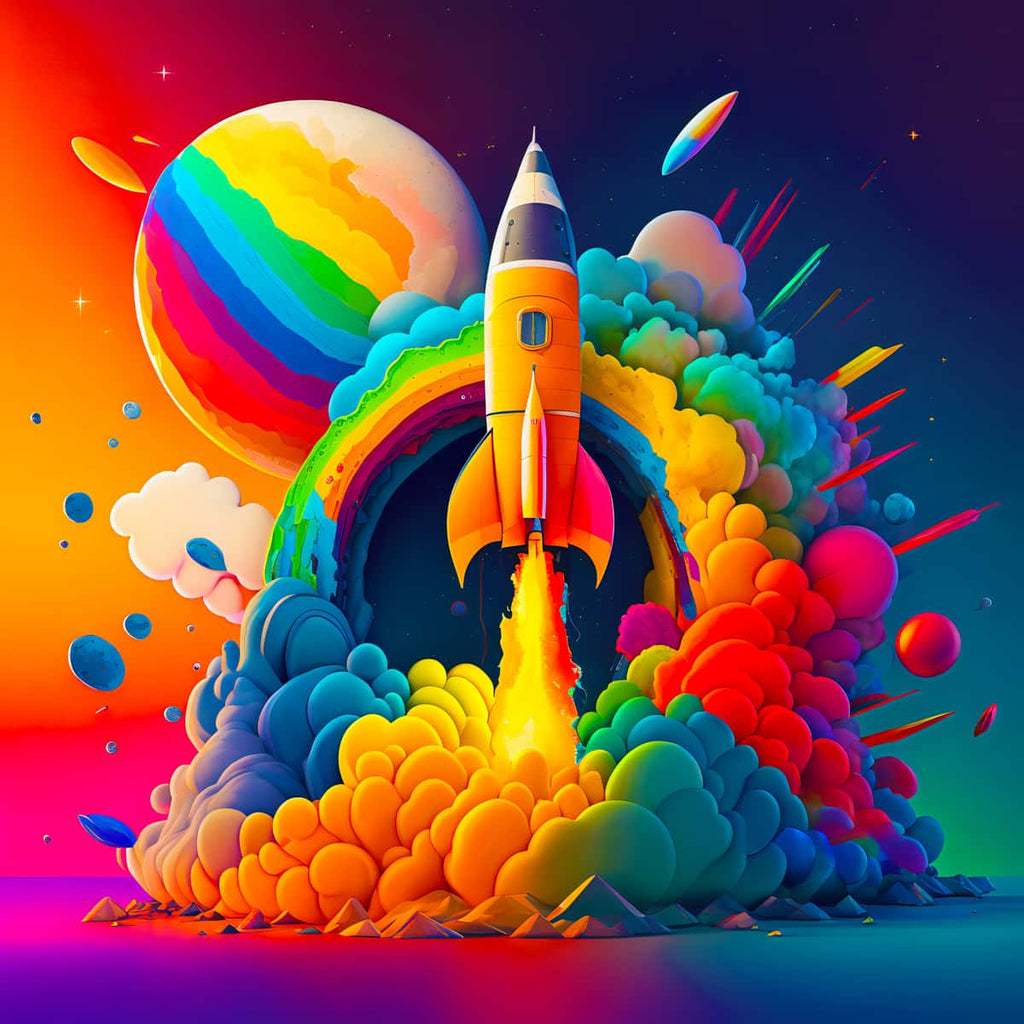 Neon rocket takes off with vibrant colors in a dazzling diamond painting canvas; a unique paint by numbers art kit with acrylic diamonds.